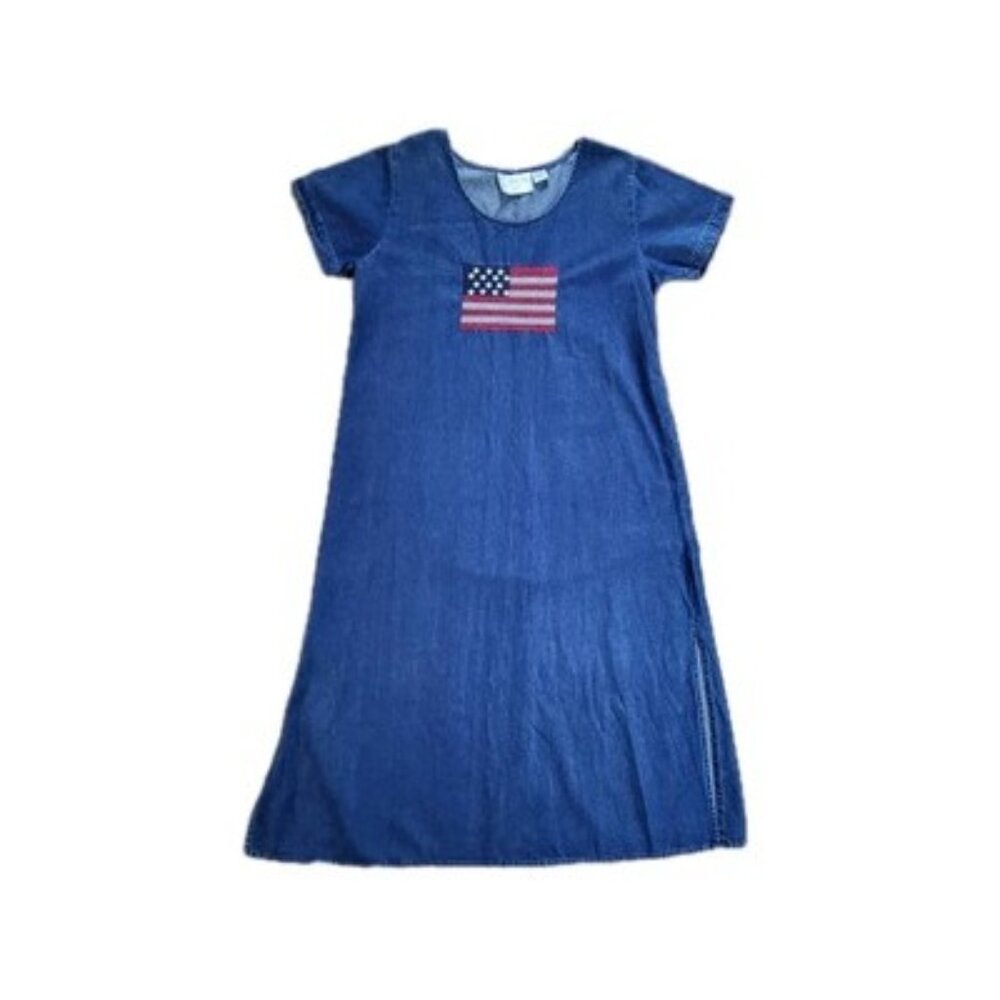 Victorian Era Blue Chambray Denim Women's M Maxi Dress American Flag Patriotic